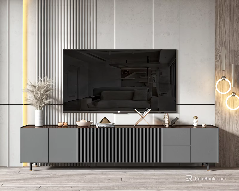 Modern TV Stand with Decorative Items and Striped Wall in Living Room 3d model 