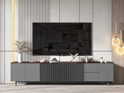 Modern TV Stand with Decorative Items and Striped Wall in Living Room 3d model