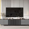 Modern TV Stand with Decorative Items and Striped Wall in Living Room