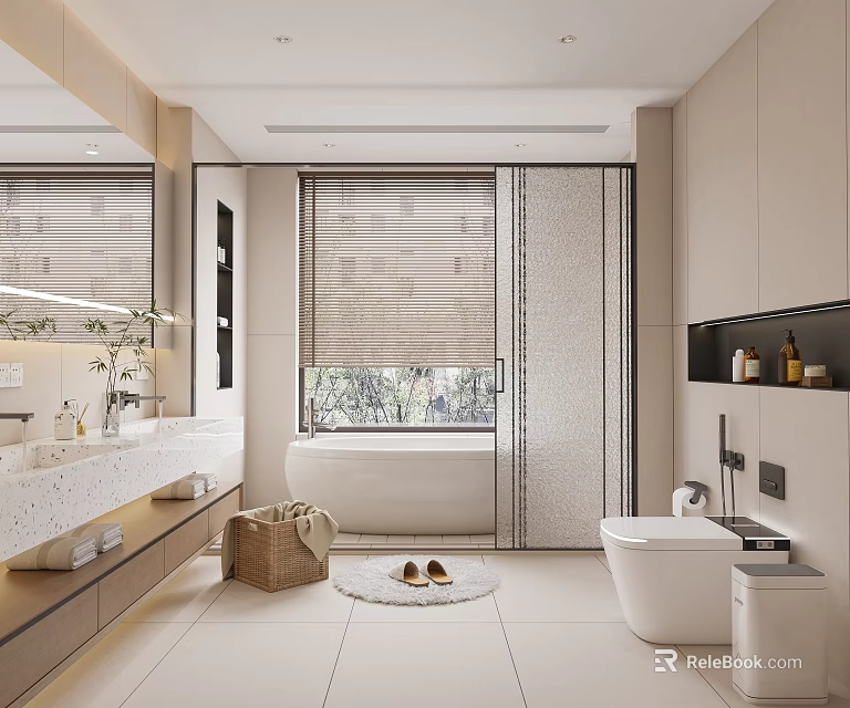 Modern Bathroom Interior Design With White Bathtub Double Vanity Sink And Wooden Blinds 3d model 