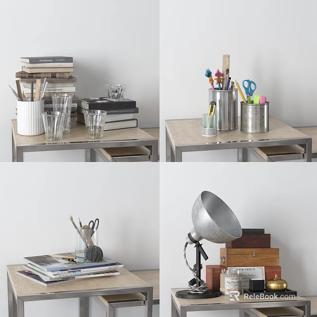 Organized Desk Setup With Stacked Books Glass Cups Pencil Holders And Table Lamp 3d model 
