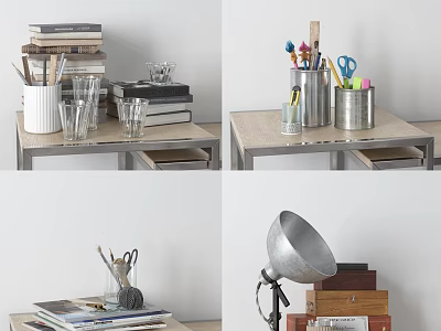 Organized Desk Setup With Stacked Books Glass Cups Pencil Holders And Table Lamp 3d model