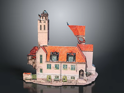 Architectural Model Gate Of Traditional Building With Red Roof Tower And Windows 3d model