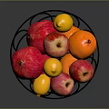 Fresh Mixed Fruits in Metal Basket Including Pomegranate Apples Lemons and Oranges