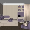 Modern Tatami Bedroom Interior With Purple Pillows Desk Circular Shelves And Wooden Flooring