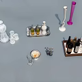 Assorted Wine Bottles and Glasses with Trays Ice Bucket and Bottle Opener