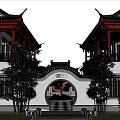 Traditional Chinese Ancient Architecture Featuring Red Pillars Carved Eaves and Courtyard Trees