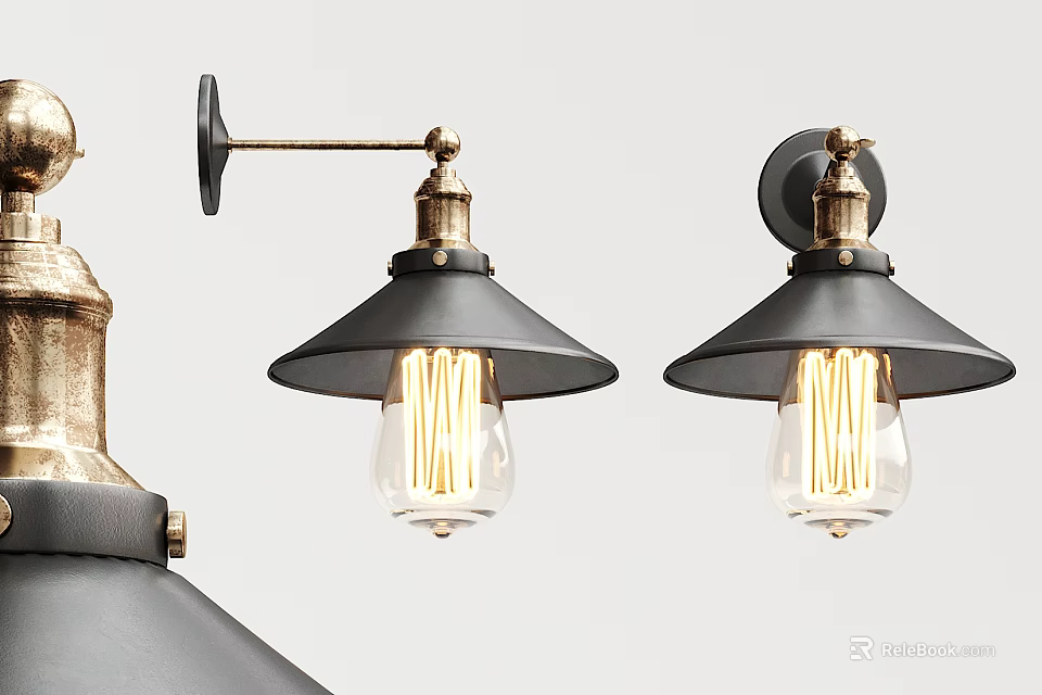 Vintage Industrial Wall Lamps With Black Shades Brass Hardware And Edison Bulbs 3d model 
