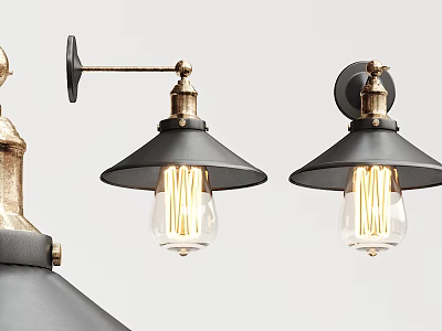 Vintage Industrial Wall Lamps With Black Shades Brass Hardware And Edison Bulbs 3d model