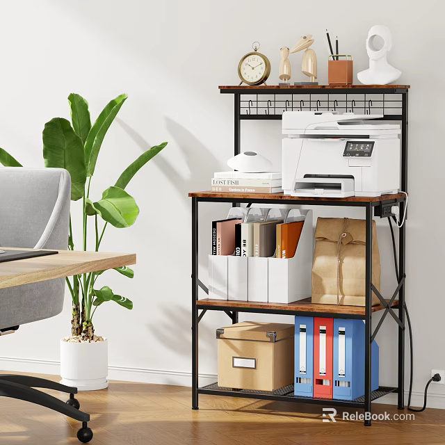 Multi Tiered Office Storage Shelf With Printer Folders And Green Plant Near Desk 3d model 