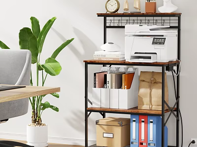 Multi Tiered Office Storage Shelf With Printer Folders And Green Plant Near Desk 3d model