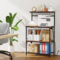 Multi Tiered Office Storage Shelf With Printer Folders And Green Plant Near Desk