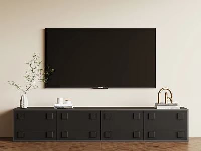 Black TV Stand With Drawers White Vase Green Plant And Gold Faucet Decor Under TV 3d model