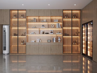 Modern Wooden Wine Cabinet with Illuminated Shelves Wine Bottles and Decorative Items 3d model