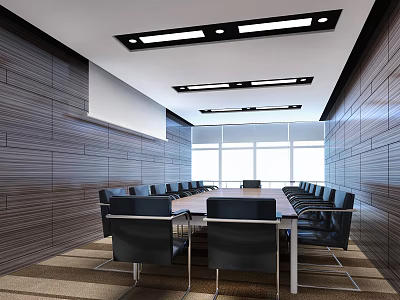 Modern Conference Room Interior With Long Table Black Chairs Wooden Panel Walls And Large Windows 3d model