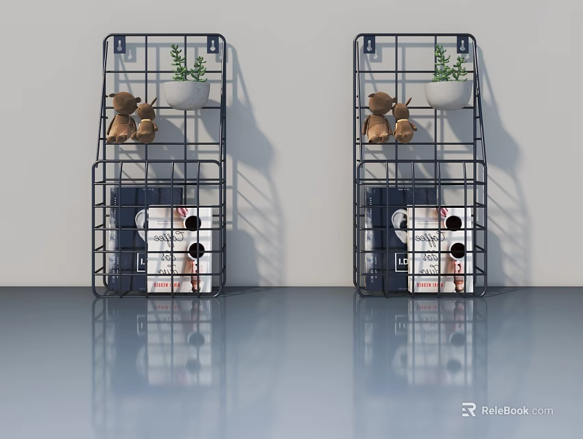 Modern Hinged Door With Metal Grid Shelves Decorative Plants And Magazines 3d model 
