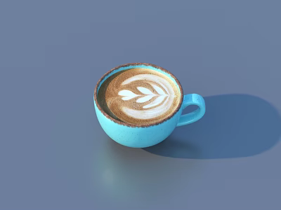 Blue Cup of Fresh Coffee with Leaf Design Latte Art on Creamy Surface 3d model