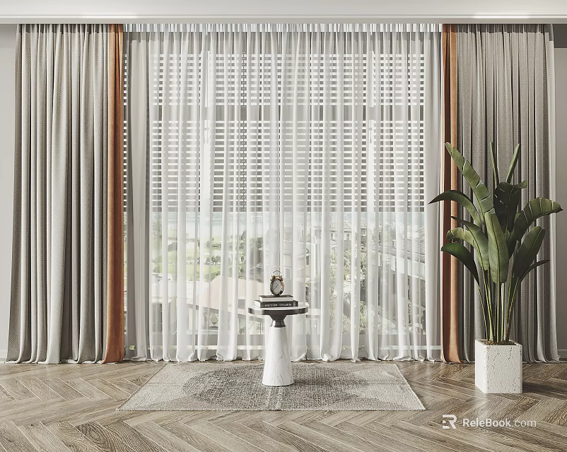 Elegant Modern Curtain Setup With Sheer White Panels Gray Drapes Window Plant And Herringbone Floor 3d model 