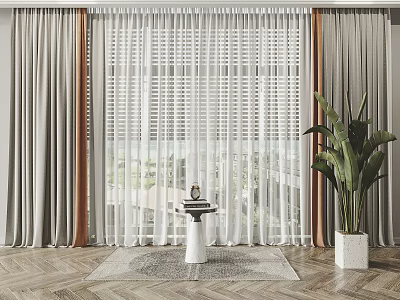 Elegant Modern Curtain Setup With Sheer White Panels Gray Drapes Window Plant And Herringbone Floor 3d model