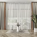Elegant Modern Curtain Setup With Sheer White Panels Gray Drapes Window Plant And Herringbone Floor