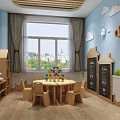 Modern Kindergarten Classroom With Wooden Ceiling Round Lights Tables Chairs Bookshelves And Toys