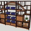Traditional Chinese Wooden Display Shelf With Blue Storage Boxes Drawers And Potted Plants