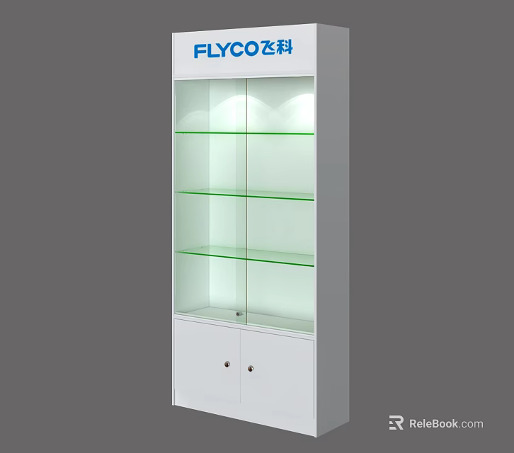 Modern White FLYCO Display Shelf with Glass Shelves and Cabinet Doors 3d model 