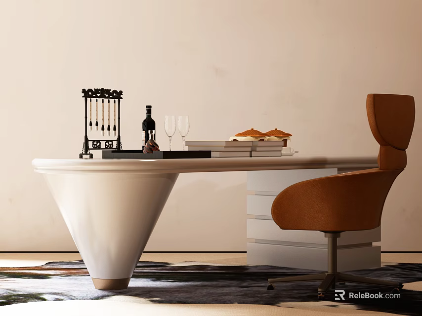 Modern White Office Desk With Conical Leg Orange Chair Wine Rack Books And Rug 3d model 