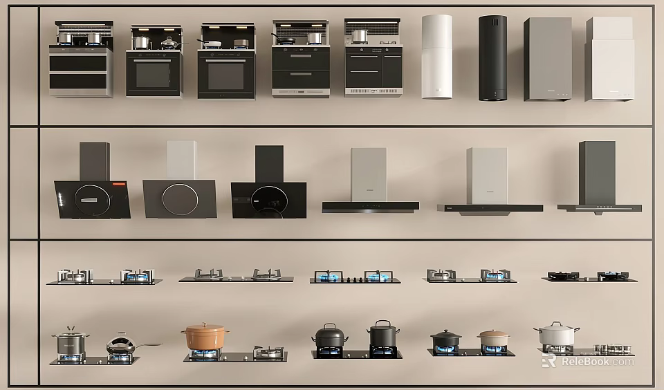 Modern Kitchen Appliances Collection Featuring Oven Refrigerator Range Hood Cooktop And Pots 3d model 