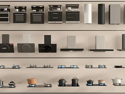 Modern Kitchen Appliances Collection Featuring Oven Refrigerator Range Hood Cooktop And Pots 3d model