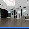 Spacious Modern Retail Store Interior With Product Display Areas Wooden Flooring And Striped Ceiling Designs