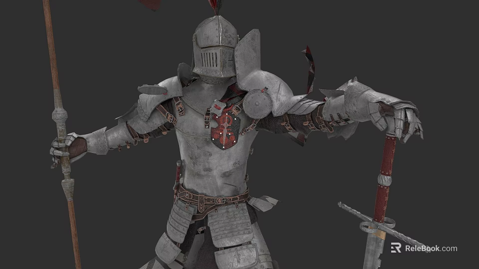 Medieval Knight Game Movie Character in Detailed Full Armor Holding Sword and Spear 3d model 