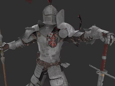 Medieval Knight Game Movie Character in Detailed Full Armor Holding Sword and Spear 3d model