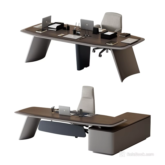 Sleek Modern Office Desk Design With Wooden Top Office Chair And Laptop Stationery 3d model 