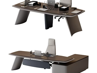 Sleek Modern Office Desk Design With Wooden Top Office Chair And Laptop Stationery 3d model