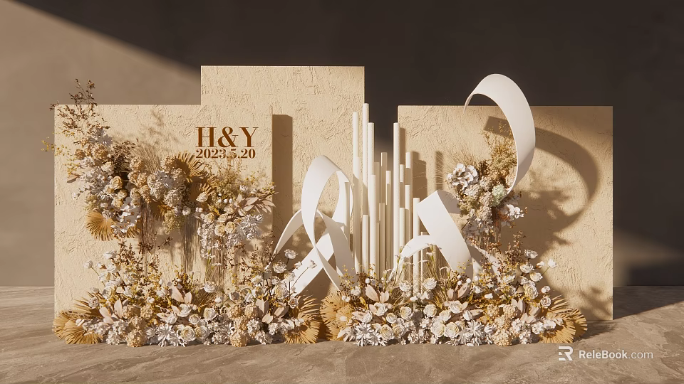 Wedding Decorations for H&Y with Floral Arrangements White Ribbons and Beige Backdrop 20231020 3d model 