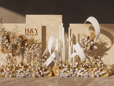 Wedding Decorations for H&Y with Floral Arrangements White Ribbons and Beige Backdrop 20231020 3d model