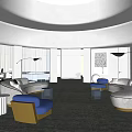 Spacious Modern Front Desk Reception Area With Circular Ceiling Ambient Lighting And Blue White Sofas 3d model