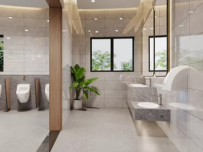 Modern Public Restroom Interior With Urinals Washbasins Windows And Green Plants 3d model
