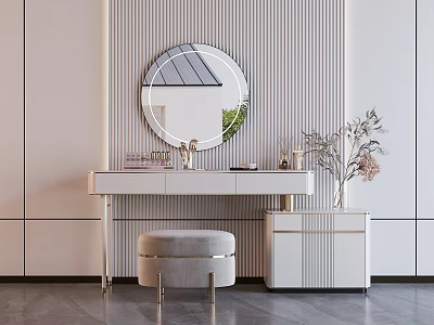 Modern Dressing Table With Round Mirror Striped Wall Stool And Vase Decorations 3d model