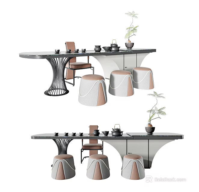 Elegant Modern Tea Table and Chairs With Tea Sets Stools and Potted Plants 3d model