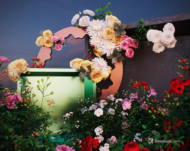 Colorful Creative Floral Display Design Featuring Mixed Flowers Greenery And Decorative Arch 3d model 