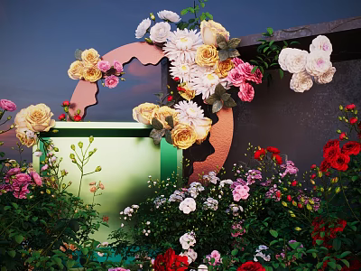 Colorful Creative Floral Display Design Featuring Mixed Flowers Greenery And Decorative Arch 3d model