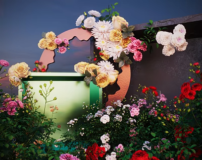 Colorful Creative Floral Display Design Featuring Mixed Flowers Greenery And Decorative Arch 3d model