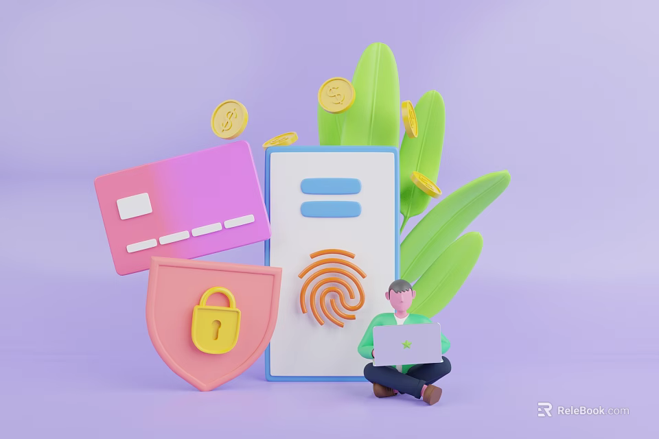 Man Using Laptop With Credit Card Padlock Shield Fingerprint Green Plants And Gold Coins 3d model 