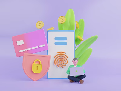 Man Using Laptop With Credit Card Padlock Shield Fingerprint Green Plants And Gold Coins 3d model