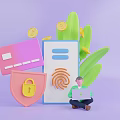 Man Using Laptop With Credit Card Padlock Shield Fingerprint Green Plants And Gold Coins