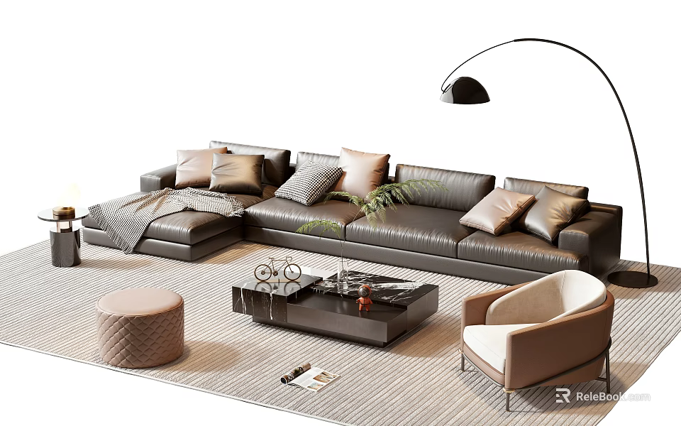 L Shaped Black Leather Sofa Coffee Table Set With Beige Cushions Armchair And Floor Lamp 3d model 