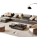 L Shaped Black Leather Sofa Coffee Table Set With Beige Cushions Armchair And Floor Lamp