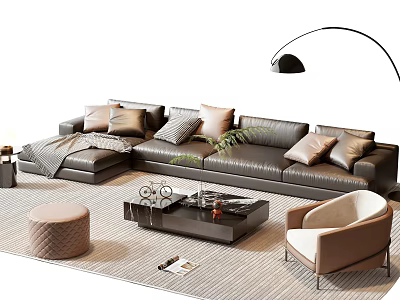 L Shaped Black Leather Sofa Coffee Table Set With Beige Cushions Armchair And Floor Lamp 3d model